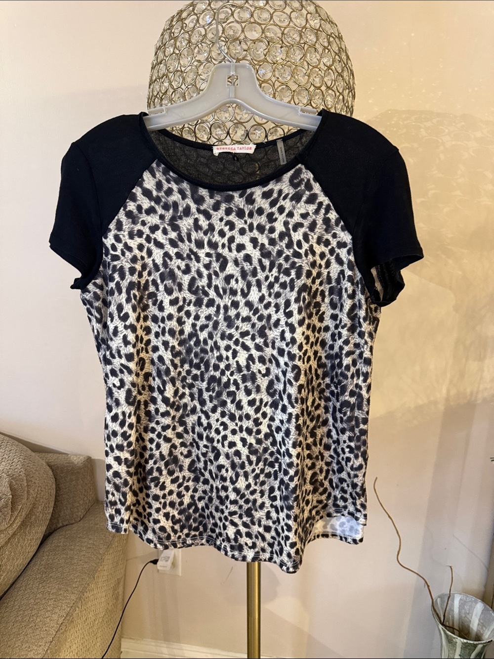 Rebecca Taylor Black & White Leopard Raglan Short Sleeve Top S